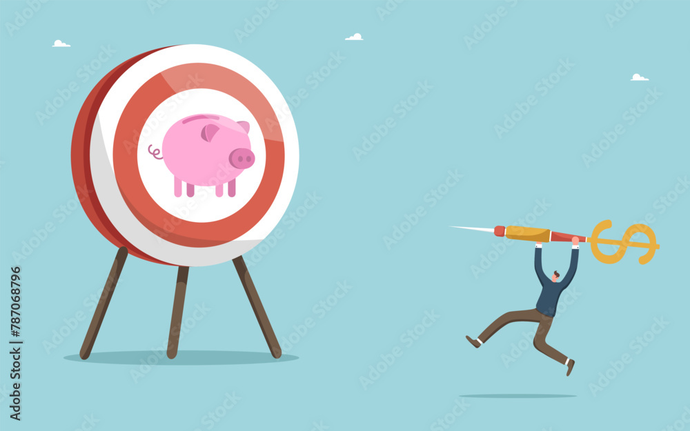 Strategy to wealth, increasing savings, investing assets and money, successful money management, сreating and achieving financial goals, man launches a dart at a dart board with a piggy bank.