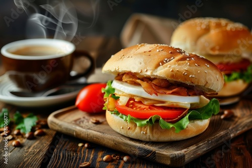 Savor a relaxing moment with a delicious cup of hot coffee and a tempting sandwich
