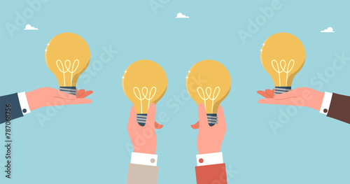 Brainstorming and creativity to create business ideas or strategies, collaboration or partnership to achieve common goals, teamwork and mentoring for innovation, large hands holding light bulbs. © Yuliia Sydorova