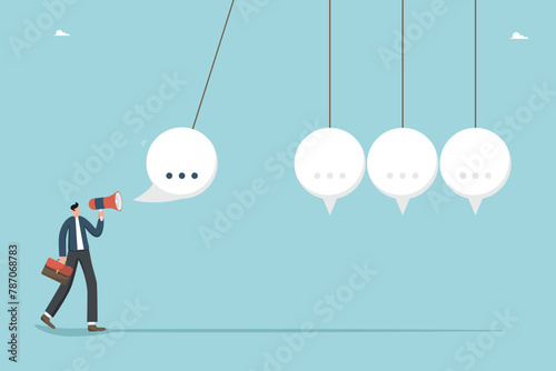 Leadership skills in expressing one's own opinion or ideas about working together for improvement, сommunication skills and business communication to achieve results, leader launches speech bubbles.