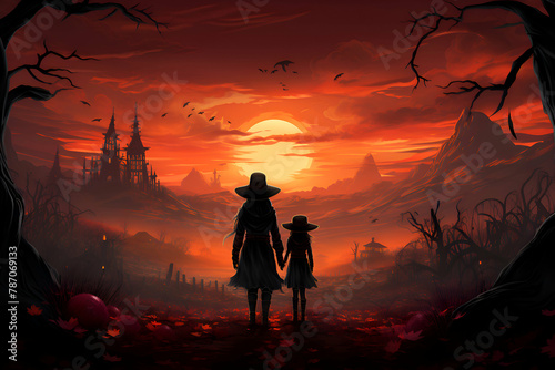 Halloween background with haunted house and silhouette of witch and her child
