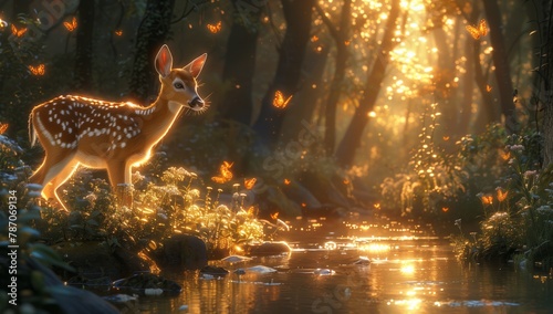 A fawn is grazing peacefully next to a stream in the natural landscape of the woods, surrounded by grass and plants, under the darkness of the night sky