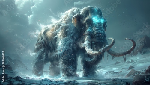 A mammoth is standing in the snowy mountains, surrounded by a stunning natural landscape. The sky is filled with clouds, creating a mystical atmosphere © RichWolf