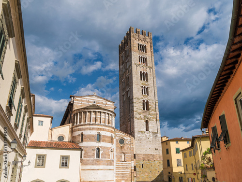 Basilica of San Frediano (St Fredianus) romanesque apse with medieval bell tower in Lucca historical center