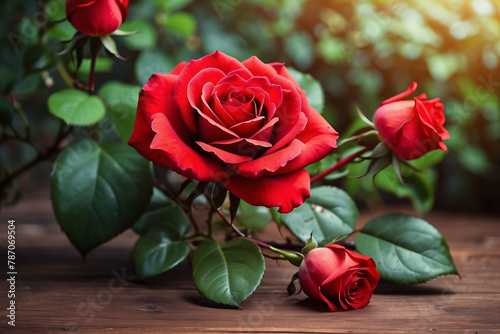 A beautiful red rose flower growing in the garden on the morning for selective focus and blurred background.Home decoration and environmental concept.Valentine s Day. 