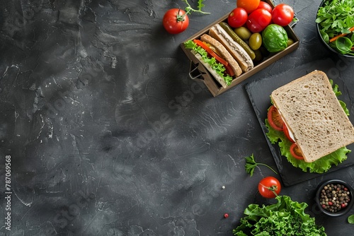 Healthy lunch box with sandwich and veggies on stone table, top-down view, room for text