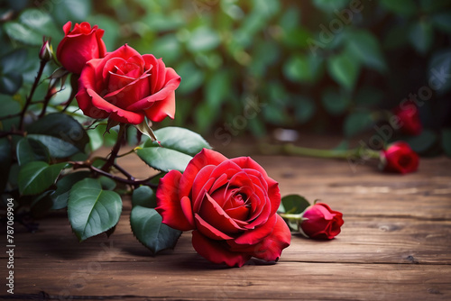 A beautiful red rose flower growing in the garden on the morning for selective focus and blurred background.Home decoration and environmental concept.Valentine s Day. 