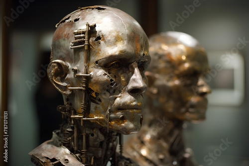 The metal head sculpture of a human with scars on the face. Robot face. Bronze head.
