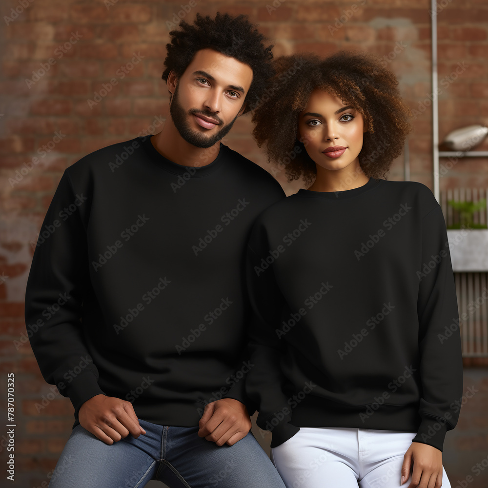 Obraz premium Afro american couple mockup. Black sweatshirt on models mockup. Family, man and woman couple matching shirts. Front view of pulover. Husband and wife or girlfriend with boyfriend indoor mock
