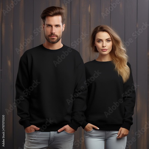 Standing models, young woman with man mockup. Black sweatshirt mockup. Family, couple matching shirts template. Front view of pulover. Husband and wife or girlfriend with boyfriend indoor mock (ID: 787070330)
