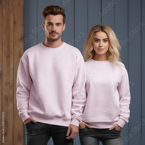 Woman and man in pink matching tshirts. Sweatshirt on models mockup. Family, couple matching shirts template. Front view of pulover. Husband and wife or girlfriend with boyfriend indoor mock (ID: 787070355)
