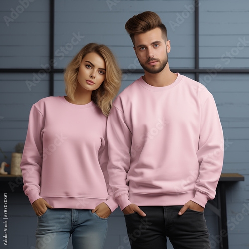Young woman and man couple mockup. Natural sweatshirt on model mockup. Family, couple pink matching shirts template. Front view of pulover. Husband and wife or girlfriend with boyfriend indoor mock (ID: 787070361)