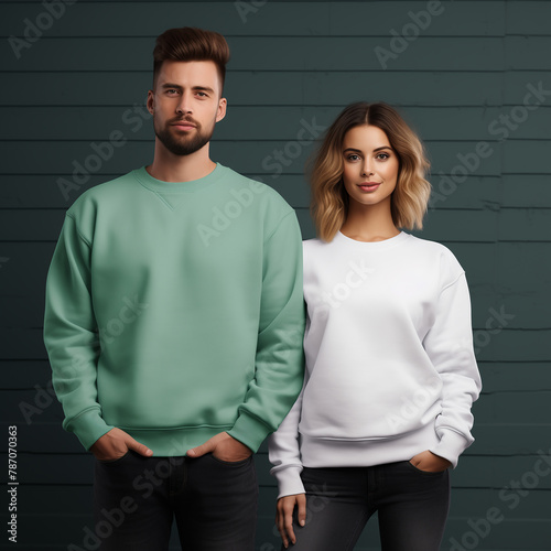 Young couple mockup. Man in mint green sweatshir, woman in white pullover. Family, friends matching shirts template. Front view Gildan 18000. Husband and wife or girlfriend with boyfriend indoor mock (ID: 787070363)