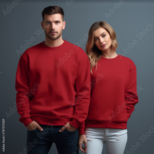 Young couple mockup. Red sweatshirt on male and female model mockup. Family, man and woman matching shirts template. Front view of pulover. Husband and wife or girlfriend with boyfriend indoor mock (ID: 787070389)