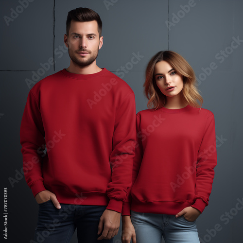 Young woman with man couple mockup. Red sweatshirt on models mockup. Family, couple matching shirts template. Front view of pulover. Husband and wife or girlfriend with boyfriend indoor mock (ID: 787070393)