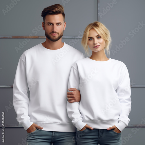 Young woman and man couple in white Gildan 18000 sweatshirt on models mockup. Family, couple matching shirts template. Front view of pulover. Husband and wife or girlfriend with boyfriend indoor mock (ID: 787070502)