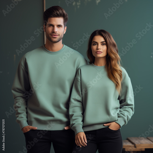 Young woman and man couple mockup. Mint green Gildan 18000 sweatshirt model mockup. Family, couple matching shirts template. Front view of pulover. Husband and wife or girlfriend with boyfriend mock (ID: 787070511)