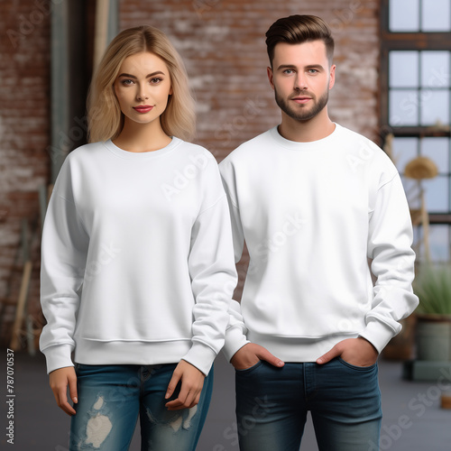 Young woman and man couple mockup. White sweatshirt adult models mockup. Family, couple matching shirts template. Front view of pulover. Husband and wife or girlfriend with boyfriend indoor mock (ID: 787070537)