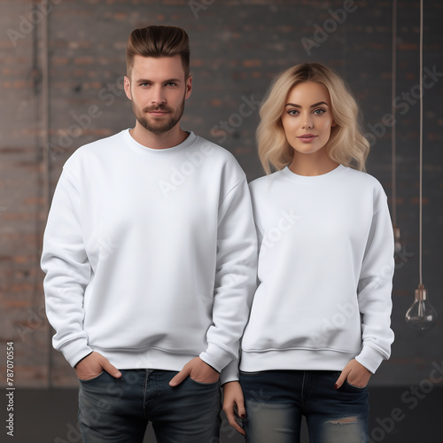 Family, couple matching shirts mockup. Front view of white pulover. Husband and wife or girlfriend with boyfriend indoor mock. Young woman and man couple mockup. Gildan sweatshirt on model mockup.  (ID: 787070554)