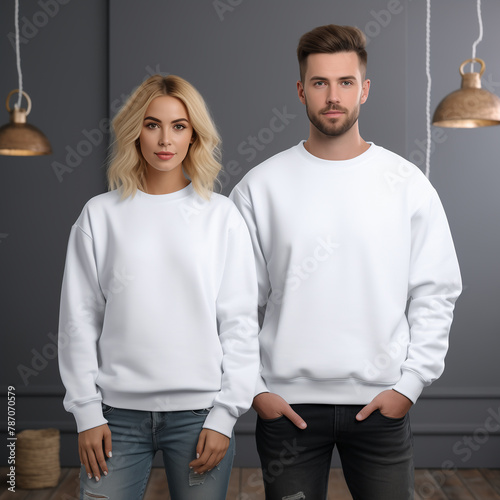 Cotton white sweatshirt on model mockup. Young woman and man couple mockup. Family, couple matching shirts template. Front view of pulover. Husband and wife or girlfriend with boyfriend indoor mock (ID: 787070579)