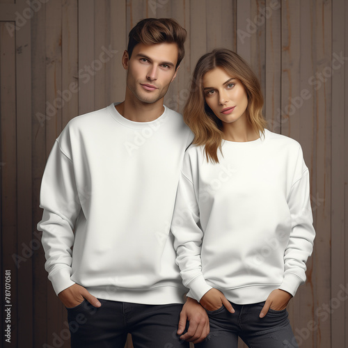 Young woman and man couple mockup. Natural white sweatshirt on model mockup. Family, couple matching shirts template. Front view of pulover. Husband and wife or girlfriend with boyfriend indoor mock (ID: 787070581)