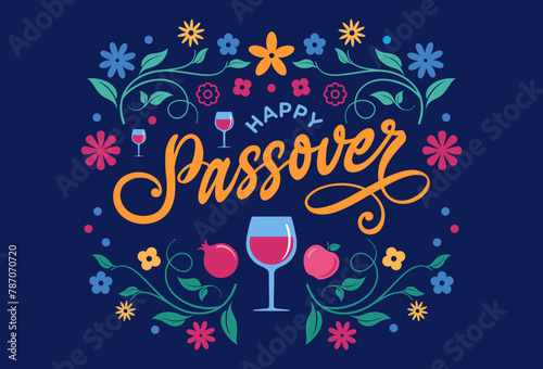 Happy Passover greeting card design with cute 
handwritten text calligraphy lettering vector 
graphic illustration banner, poster for 
Jewish holiday Pesah celebration concept