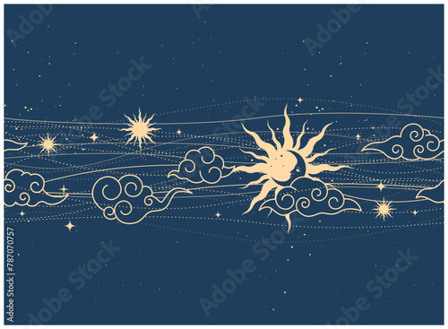 Seamless mystic space pattern with sun, moon and clouds, magic astrology lines, cosmos background in tarot style, magic sky, vector © gomixer