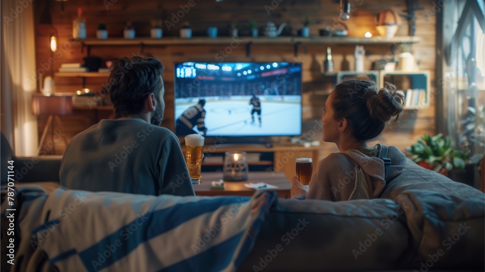 A group of friends sit and watch the game on the TV screen.