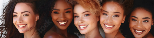 Beautiful smiling women with different skin and hair color are posing close to each other. Multicultural diversity