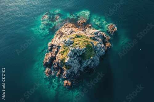 An island surrounded by endless ocean, with waves crashing against its shores, Aerial capture of an isolated rocky islet in a tranquil sea, AI Generated