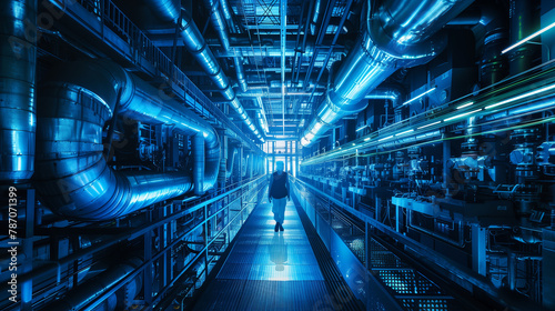 A man walks through a large, blue industrial building. The building is filled with pipes and wires, giving it a futuristic and industrial feel. The man is focused