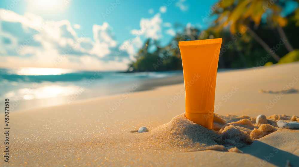 Tube of sunscreen for skin protection on tropical beach with fine sand, palm trees and turquoise water. Mock up photography of sunscreen cream against UV for summer vacation.
