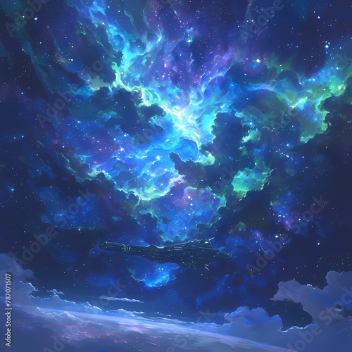 Explore the cosmos in this otherworldly adventure, where a spaceship soars through a vibrant nebula of celestial beauty and mystery.