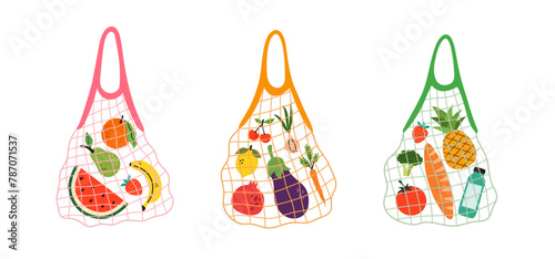Illustrations of mesh bags with different products. Eco bags with fruits, supermarket products © Myurenn