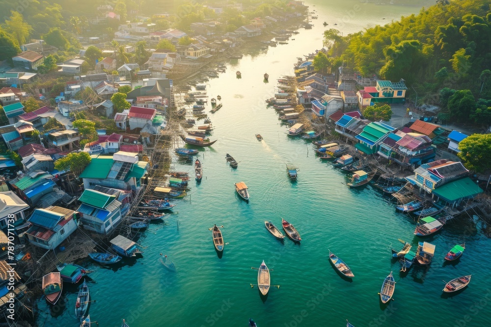 Several boats float on top of a river, creating a visual spectacle as they move along the water, Aerial view of a fishing village dotted with charming houses and boats, AI Generated