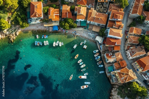 Aerial View of Boats in the Water, Aerial view of a fishing village dotted with charming houses and boats, AI Generated © Ifti Digital