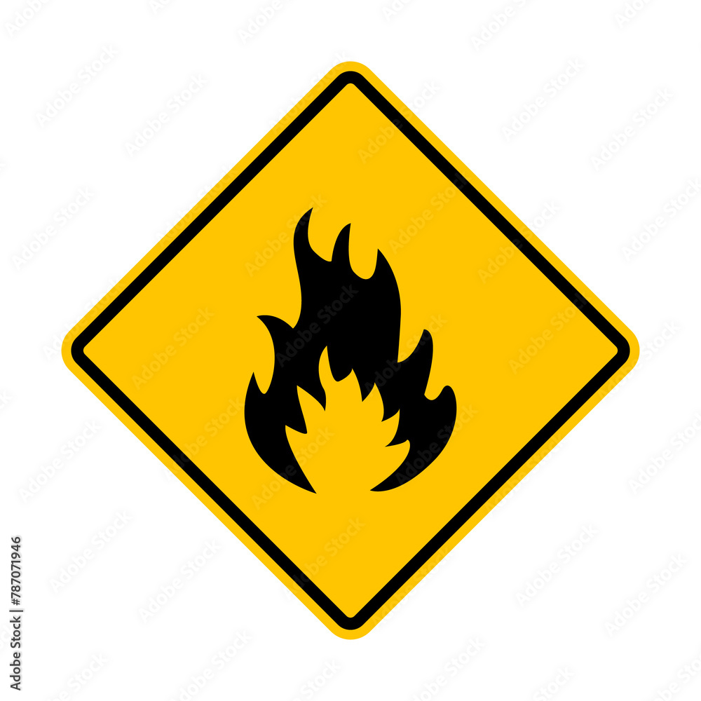 Flammable sign. Caution: flammable substances. Yellow diamond shaped warning road sign. Diamond road sign. Rhombus road sign. Flammable sign. Caution: flammable substances. Yellow diamond shaped warning road sign. Diamond road sign. Rhombus road sign.