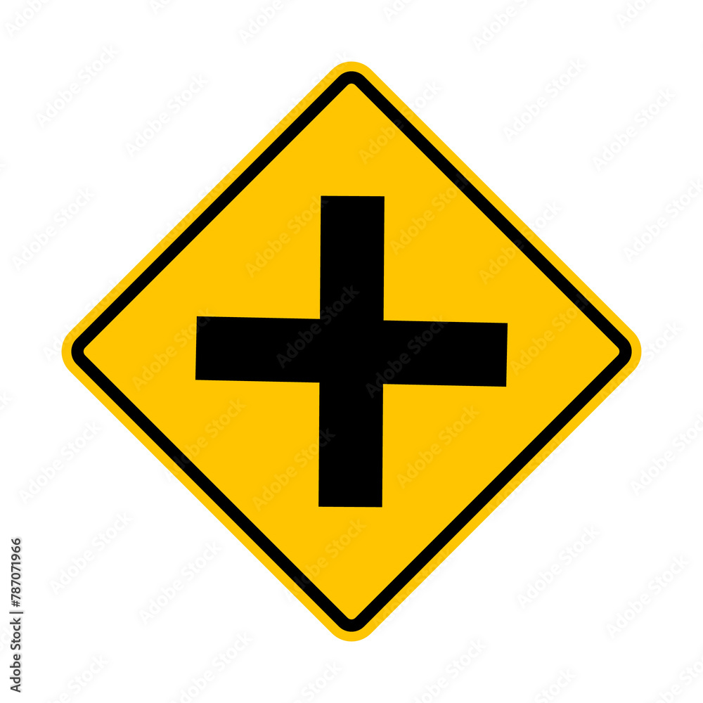 Equivalent road intersection sign. Yellow diamond shaped warning road sign. Diamond road sign. Rhombus road sign. Crossroads with similar roads. Equivalent road intersection sign. Yellow diamond shaped warning road sign. Diamond road sign. Rhombus road sign. Crossroads with similar roads.