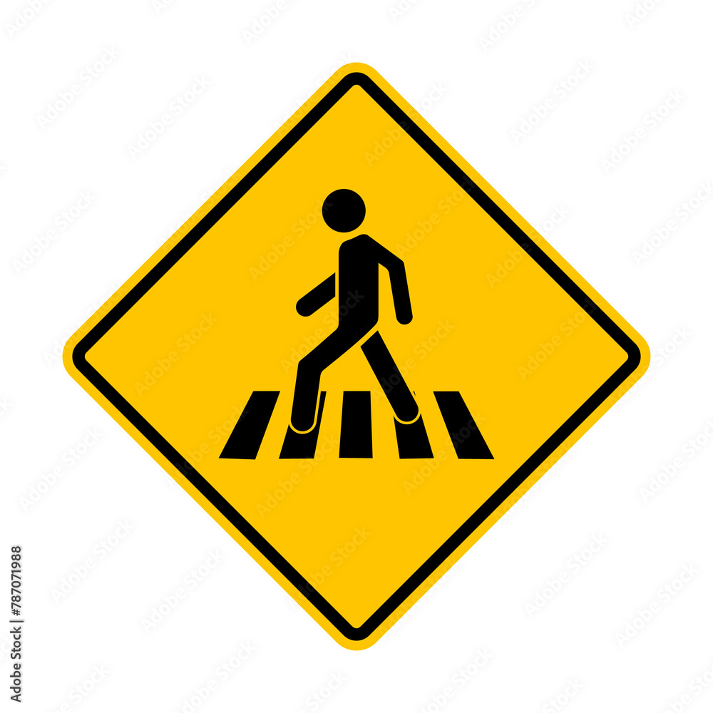 Pedestrian crossing sign. Yellow diamond shaped warning road sign. Diamond road sign. Rhombus road sign. A place to cross a road, street, highway. Pedestrian crossing sign. Yellow diamond shaped warning road sign. Diamond road sign. Rhombus road sign. A place to cross a road, street, highway.