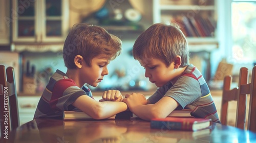 Kids competition concept with cinematic vintage effect photo of two school children boys sitting at the kitchen table with hands on books with angry concentrated faces photo