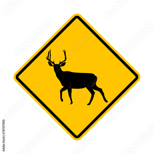 Sign deer  elk. Beware deer  elk crossing the road. Yellow diamond shaped warning road sign. Diamond road sign. Rhombus road sign.