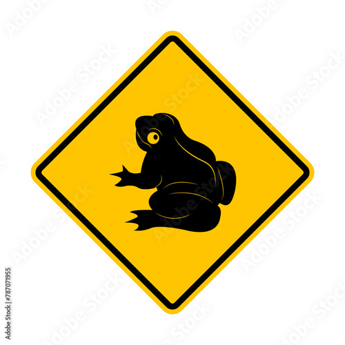 Frog, toad sign. Caution in the migration of frogs and toads. Yellow diamond shaped warning road sign. Diamond road sign. Rhombus road sign.