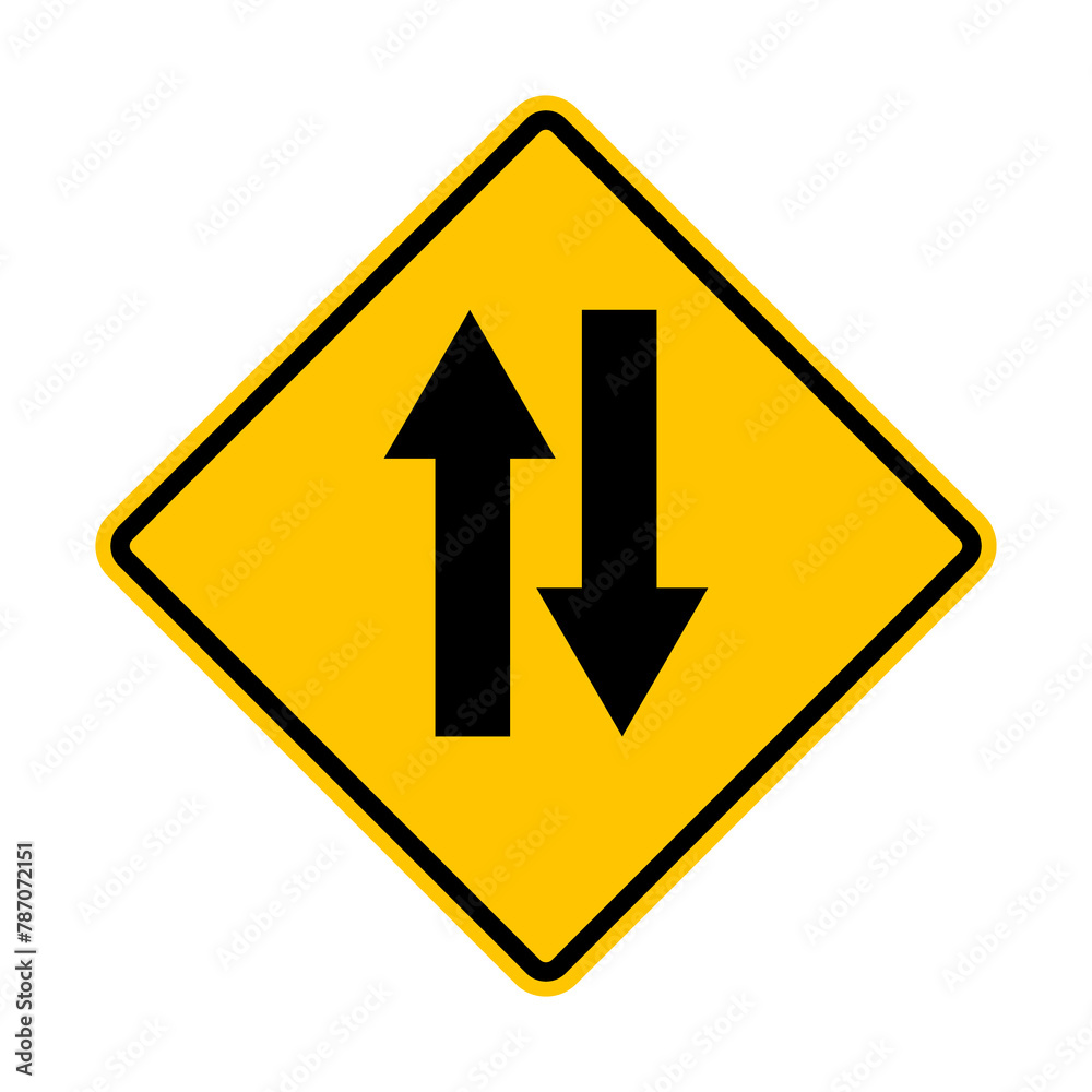 Two-way traffic sign. Yellow diamond shaped warning road sign. Diamond road sign. Rhombus road sign. Be careful in front of the exit to two-way traffic. Two-way traffic sign. Yellow diamond shaped warning road sign. Diamond road sign. Rhombus road sign. Be careful in front of the exit to two-way traffic.