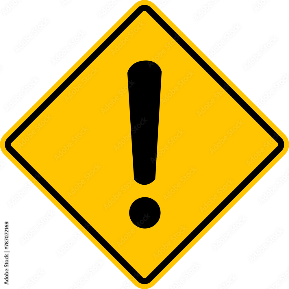 Danger warning sign with exclamation mark. Yellow diamond shaped warning road sign. Diamond road sign. Rhombus road sign. Danger zone.