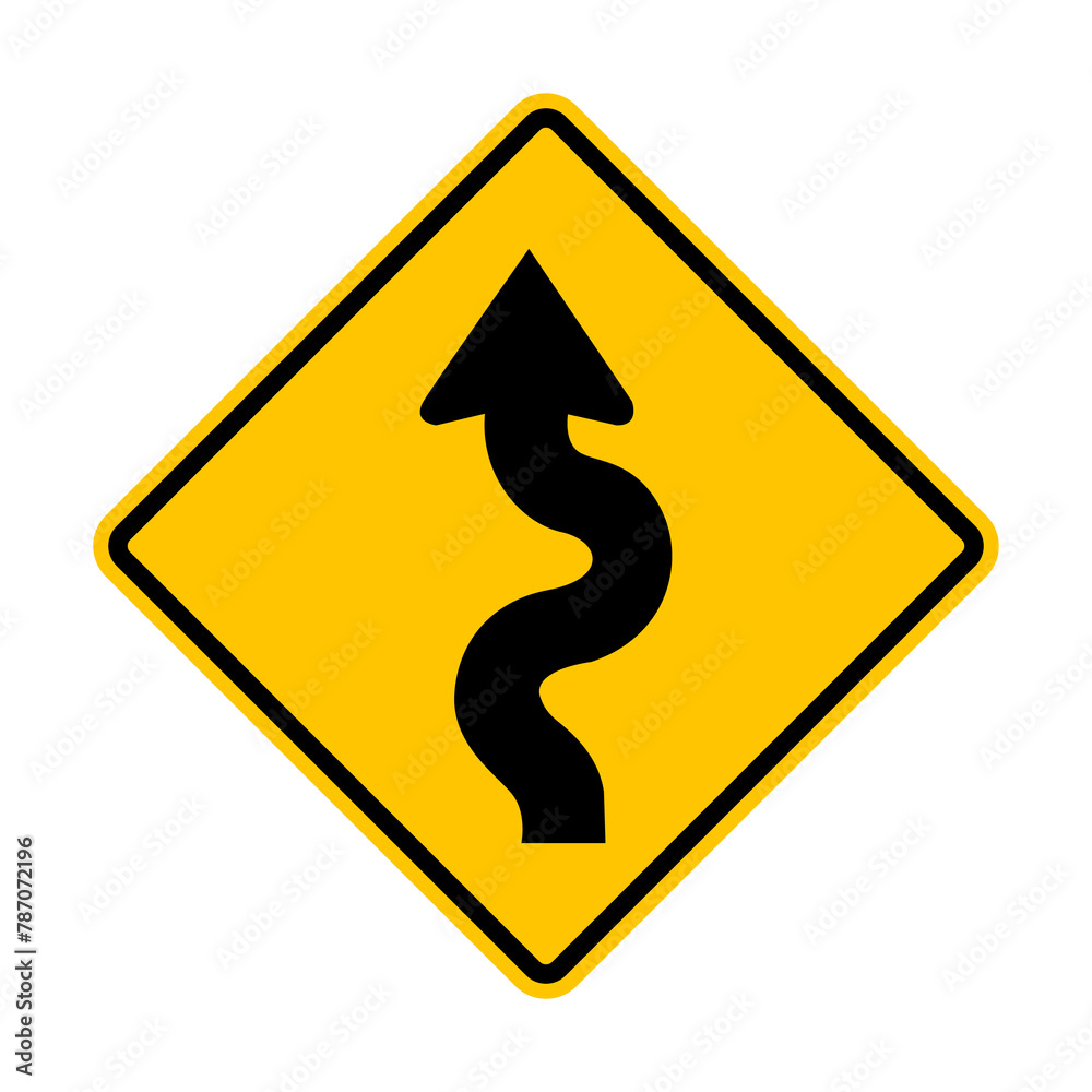 Sign winding road. Yellow diamond shaped warning road sign. Diamond road sign. Rhombus road sign. There are several curves ahead. Sign winding road. Yellow diamond shaped warning road sign. Diamond road sign. Rhombus road sign. There are several curves ahead.