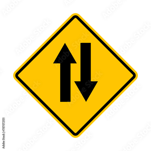 Two-way traffic sign. Yellow diamond shaped warning road sign. Diamond road sign. Rhombus road sign. Be careful in front of the exit to two-way traffic.