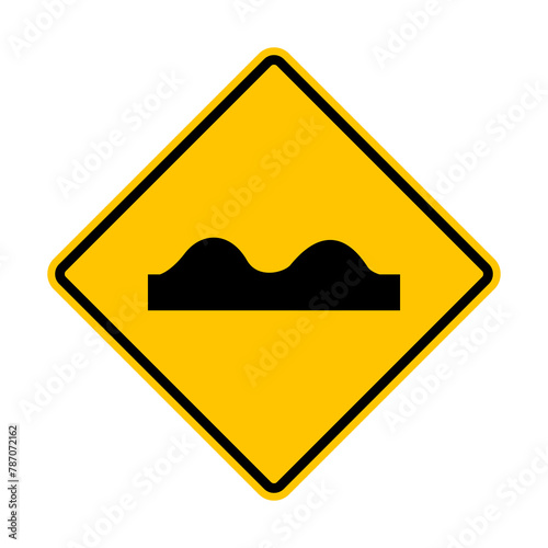 Unevens sign on road. Yellow diamond shaped warning road sign. Diamond road sign. Rhombus road sign. Road with holes and potholes.