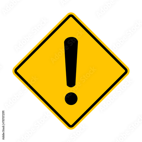 Danger warning sign with exclamation mark. Yellow diamond shaped warning road sign. Diamond road sign. Rhombus road sign. Danger zone.