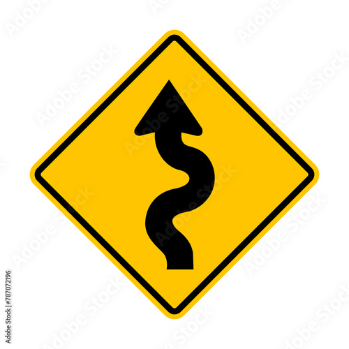 Sign winding road. Yellow diamond shaped warning road sign. Diamond road sign. Rhombus road sign. There are several curves ahead.