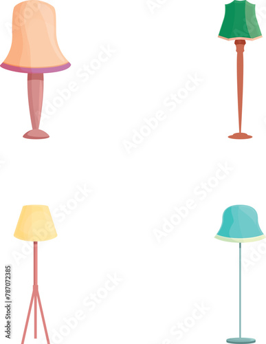 Torcher icons set cartoon vector. Floor torchere with various lampshade. Home illumination and decor element